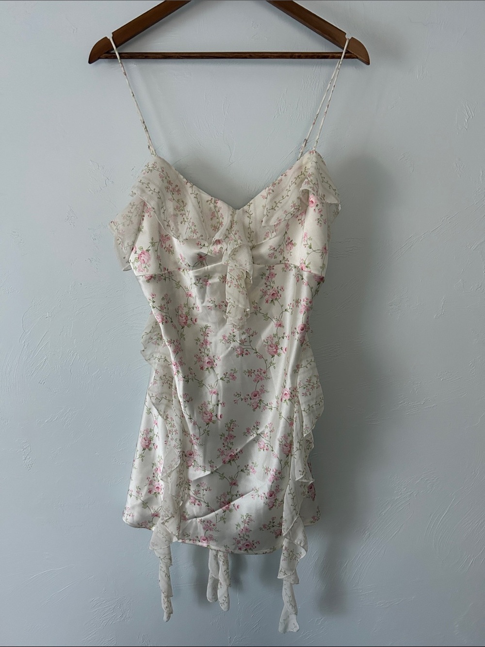 Floral Ruffle Satin Chemise Slip Dress - Cream with Pink Blossoms